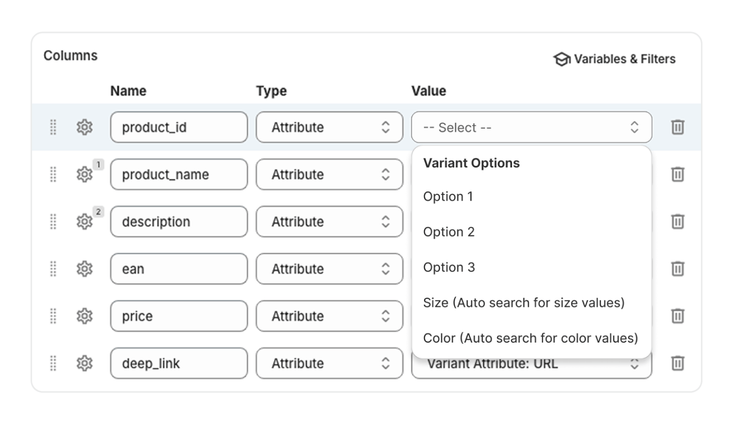 Noms et valeurs des options de variantes