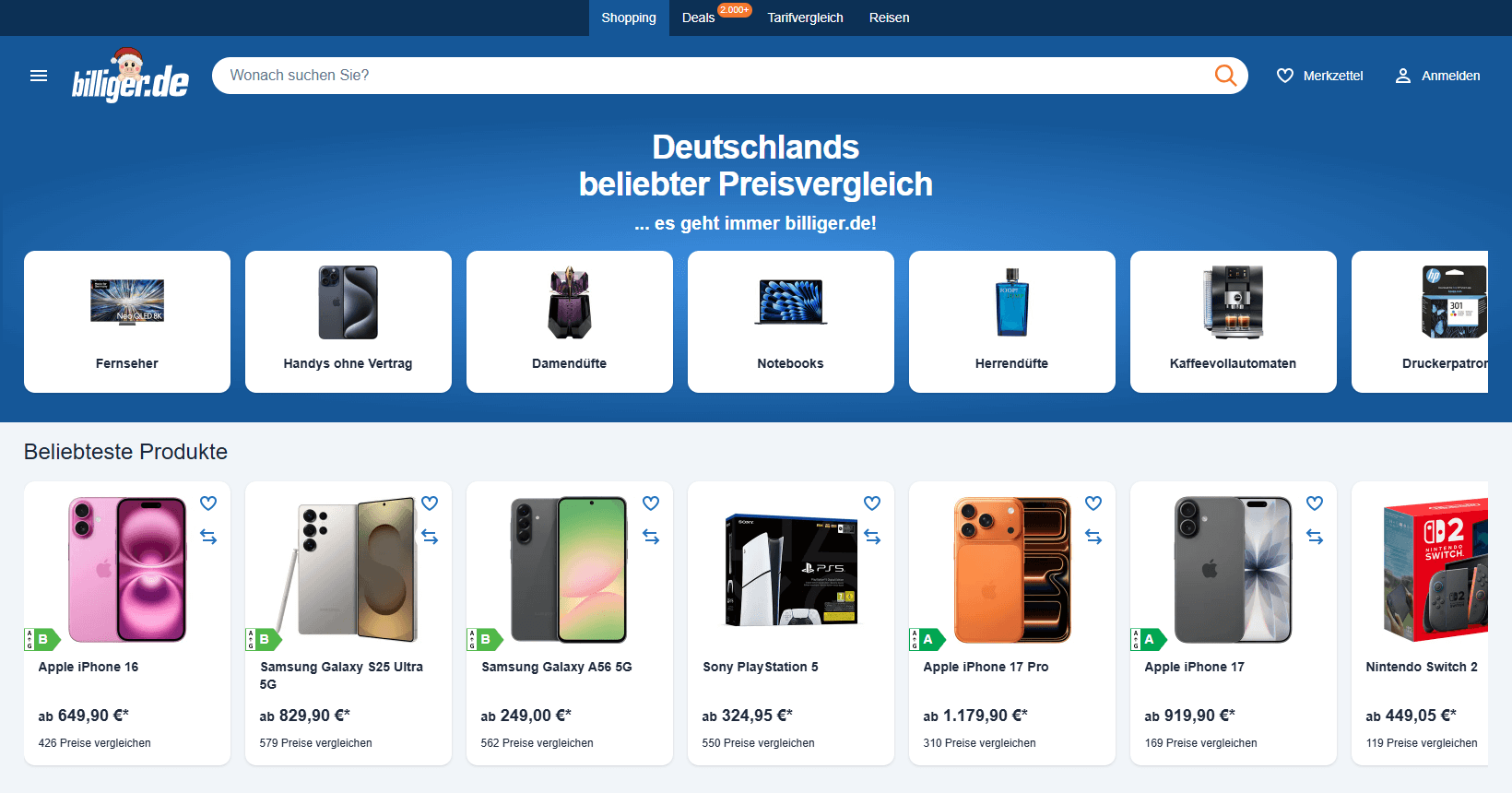 Billiger.de Hauptseiten-Oberfläche