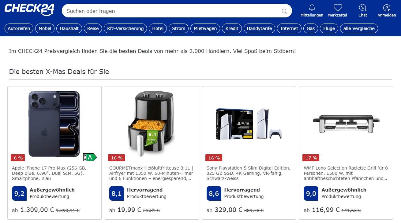 Check24.de Hauptseiten-Oberfläche