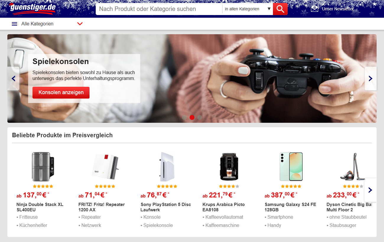 Guenstiger.de Hauptseiten-Oberfläche