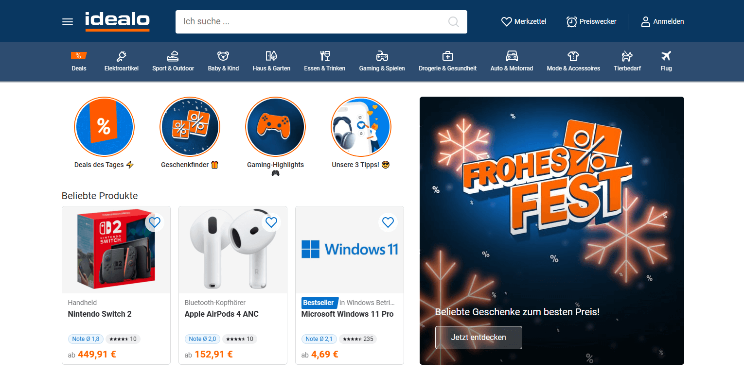 Idealo.de Hauptseiten-Oberfläche