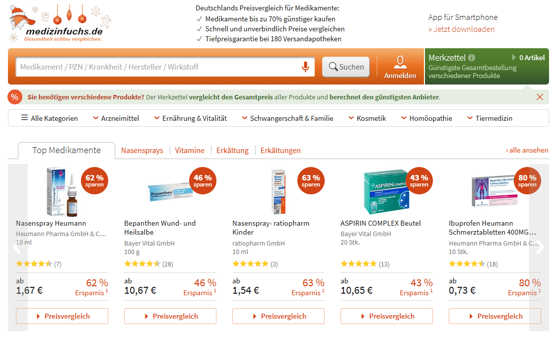 Medizinfuchs.de Hauptseiten-Oberfläche