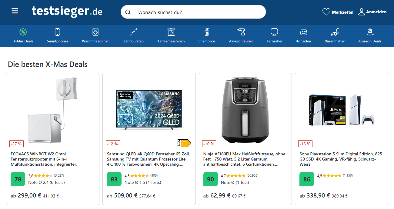 Testsieger.de Hauptseiten-Oberfläche
