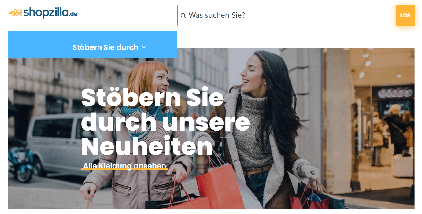 Shopzilla.de Hauptseiten-Oberfläche