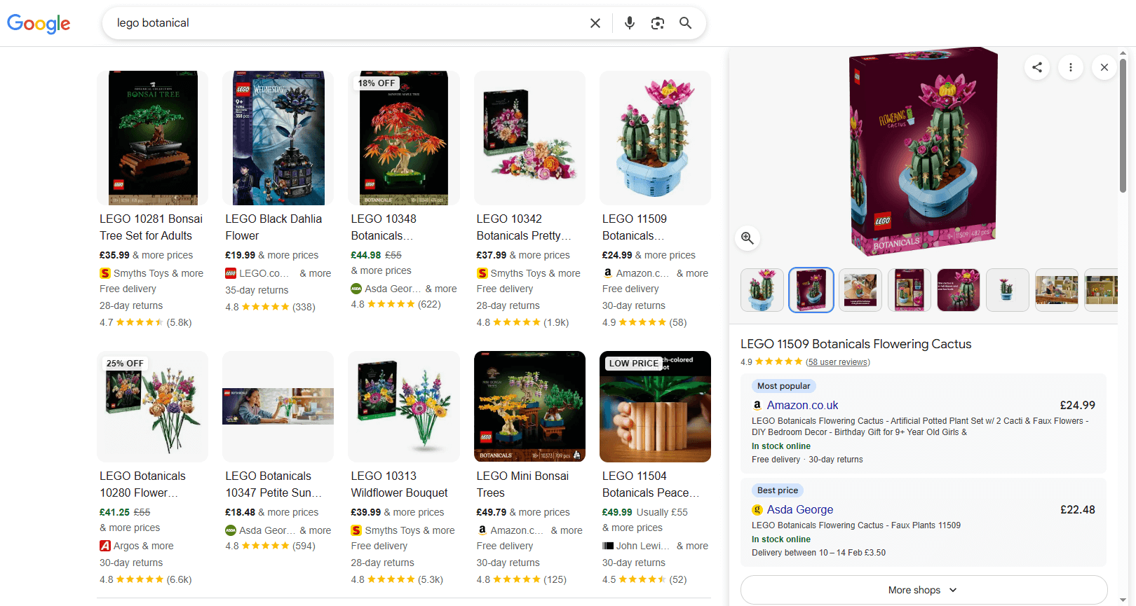 Interfaz de página de búsqueda de Google Shopping