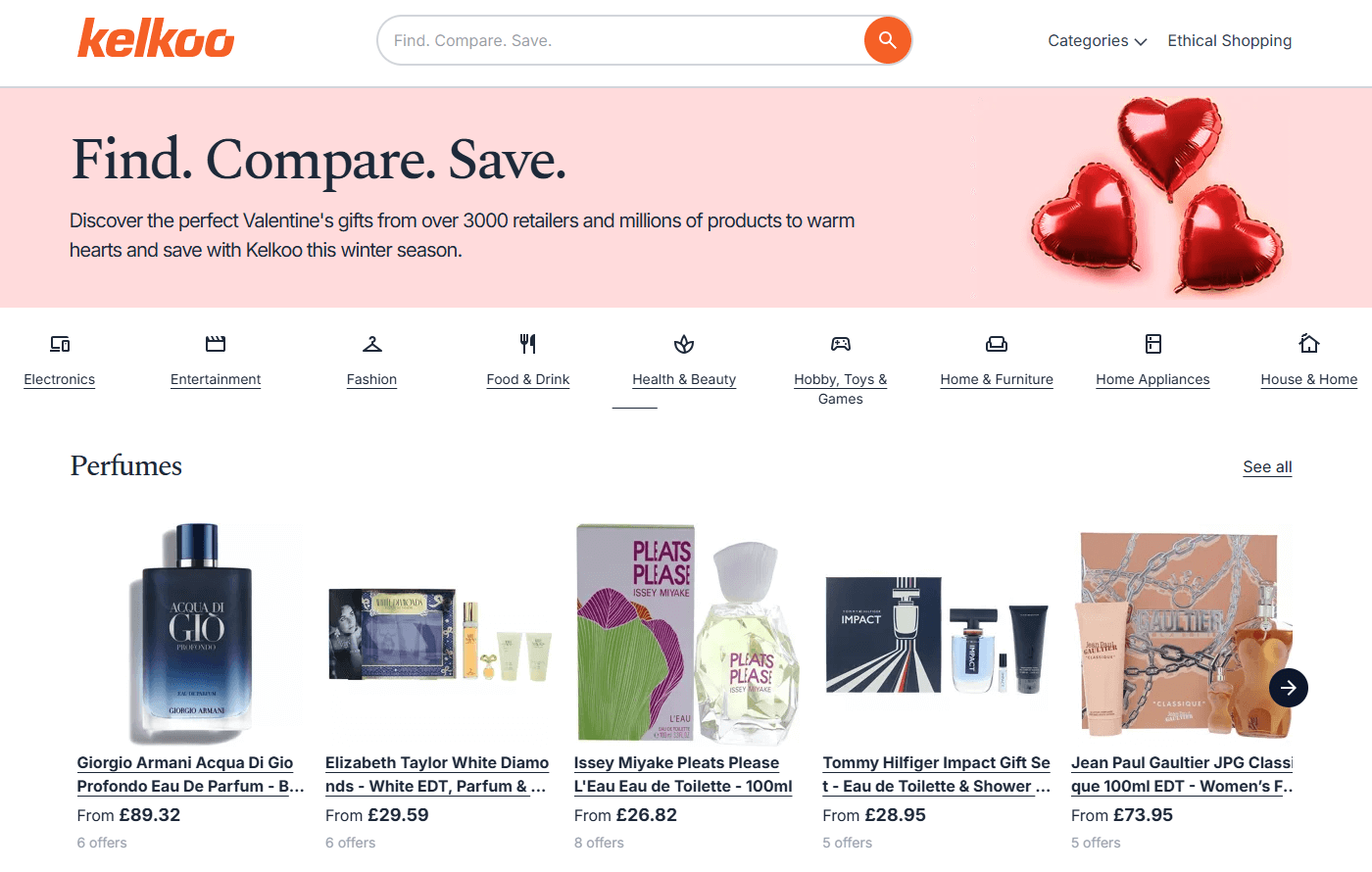 Interfaz de página principal de Kelkoo.co.uk