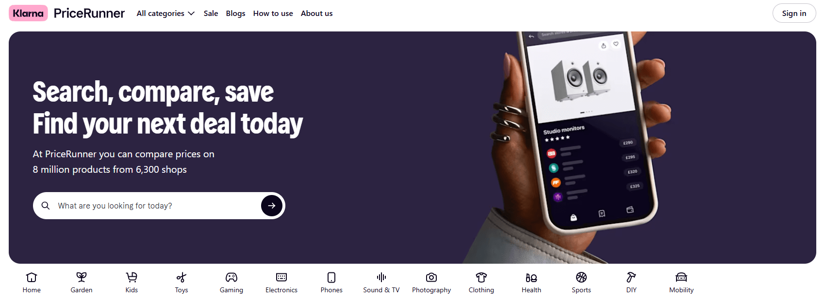 Interfaz de página principal de Pricerunner.com