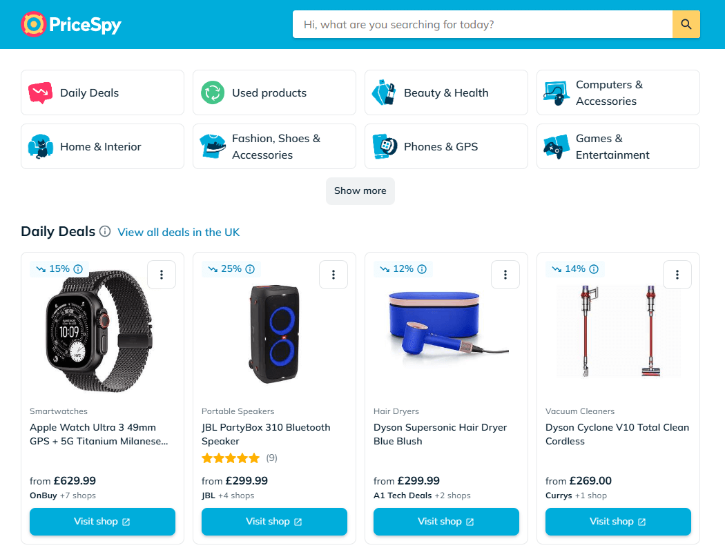 Interfaz de página principal de PriceSpy.co.uk