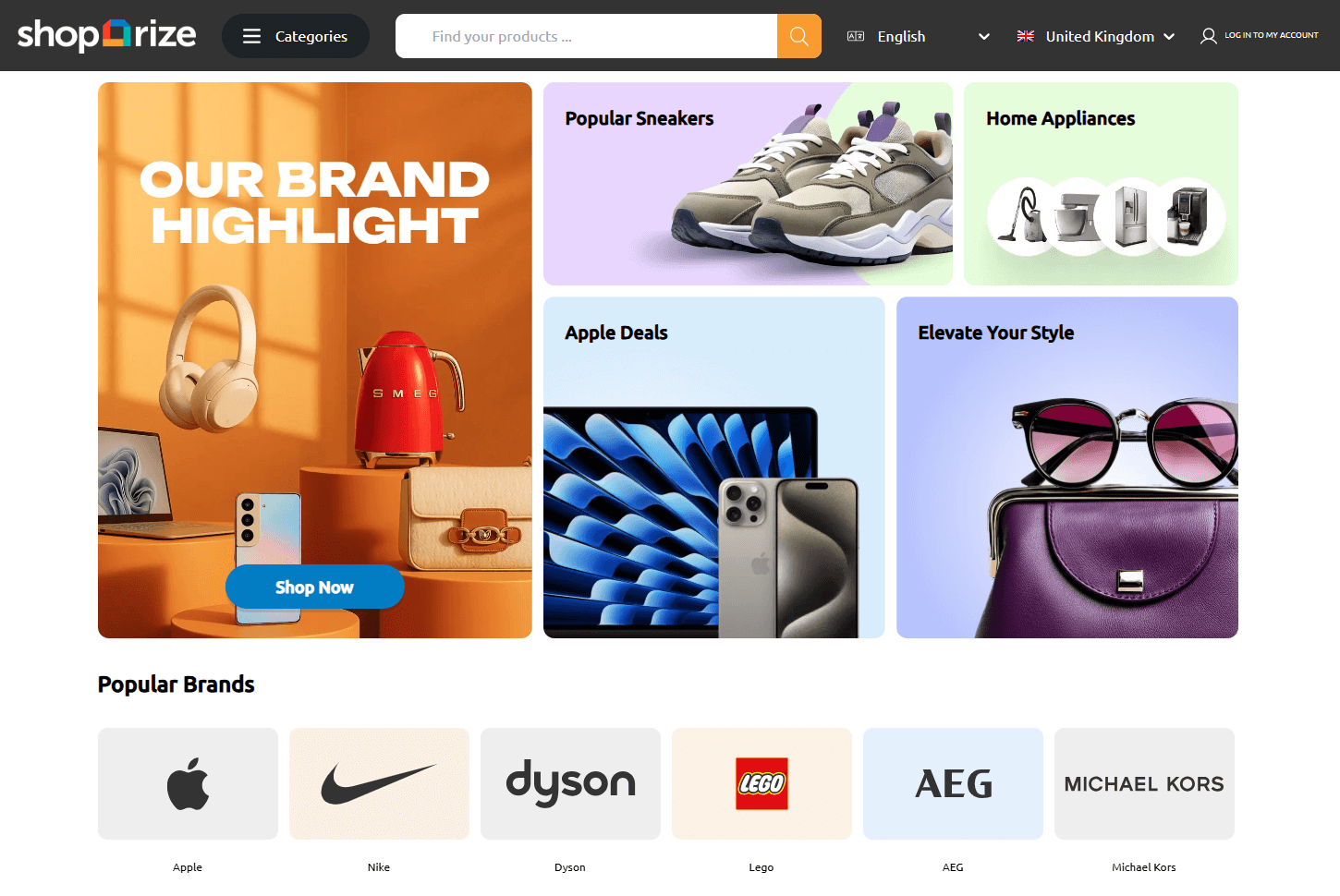 Interfaz de página principal de Shoparize