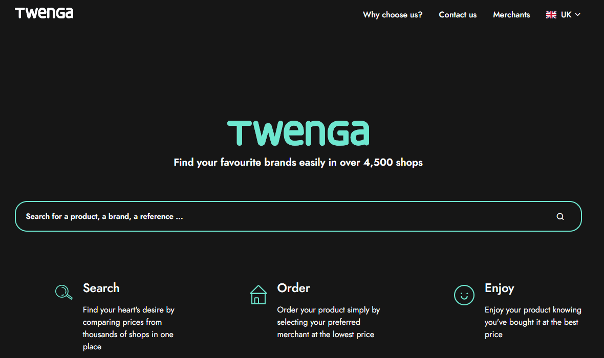 Interfaz de página principal de Twenga.co.uk