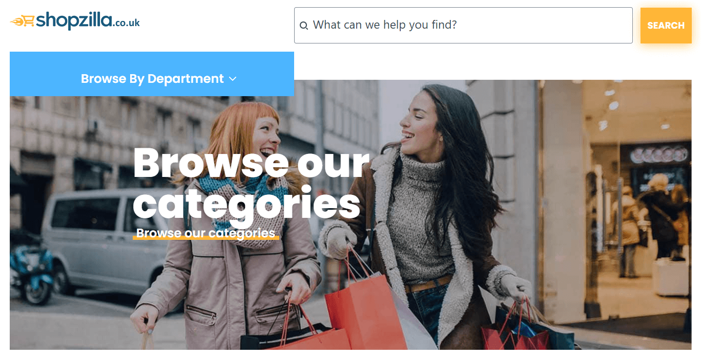 Interfaz de página principal de Shopzilla.co.uk