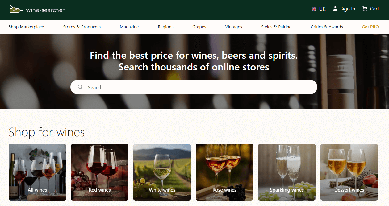 Interfaz de página principal de Wine-Searcher