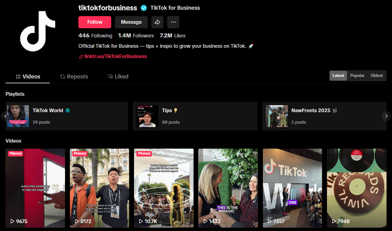 TikTok business account of TikTok for Business