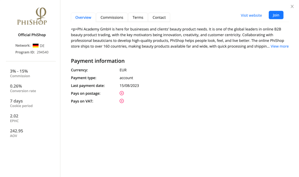 Webgains Program Page