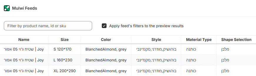 A Mulwi ajudou a Nool Rugs a exportar dados complexos de 5 meta campos de produto personalizados