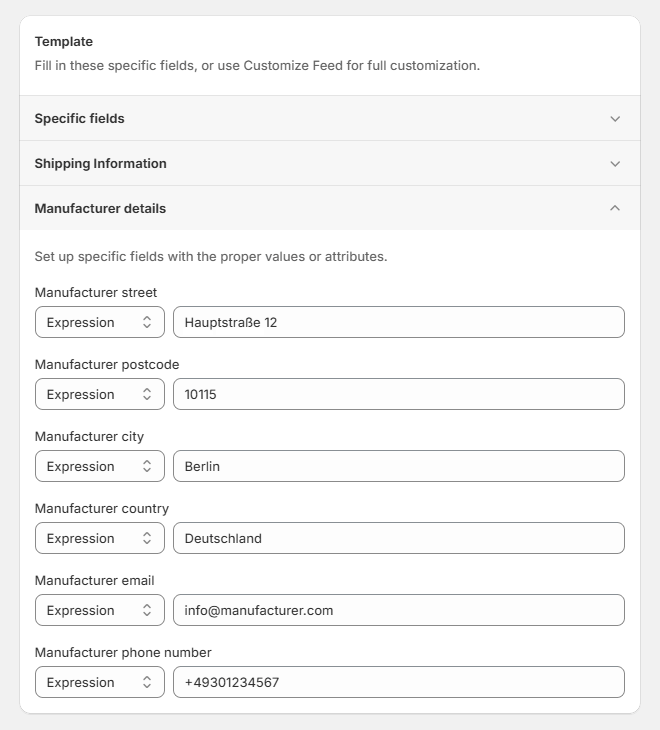 How to fill out required attributes in CHECK24 feed (manufacturer details)