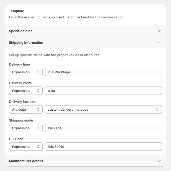 How to fill out required attributes in CHECK24 feed (shipping information)