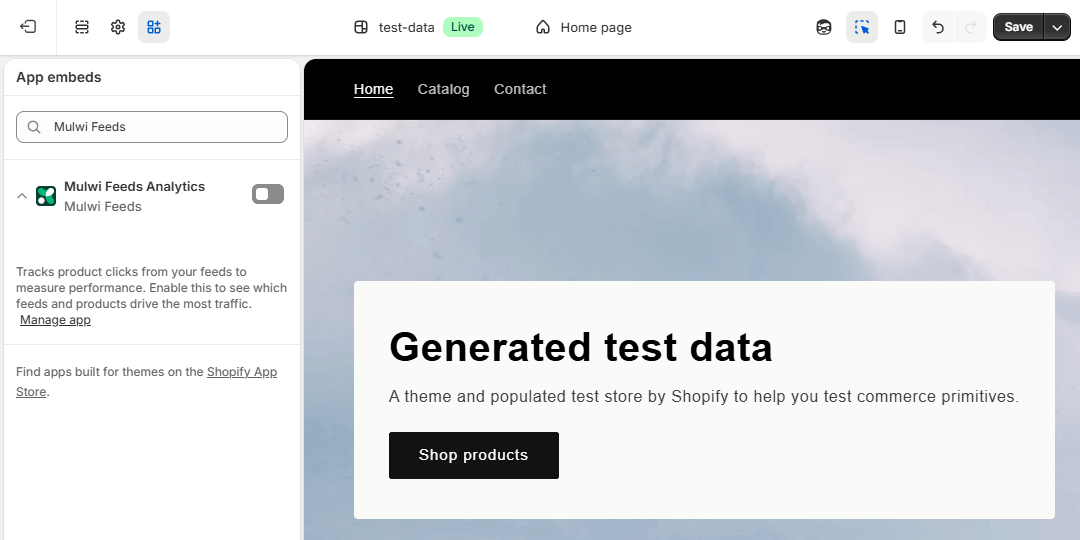 Where to disable Mulwi Feeds Analytics in the Shopify theme editor