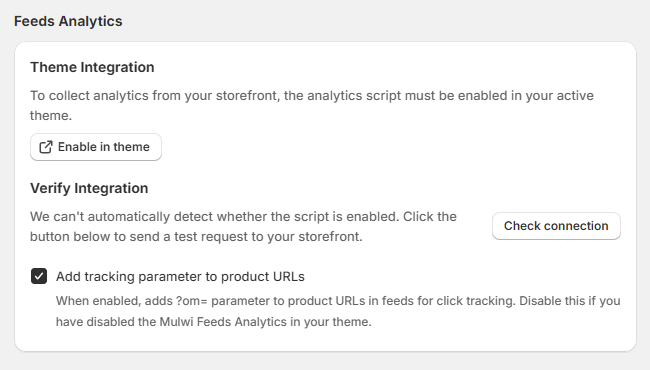 Where to configure feed analytics in the Mulwi app settings