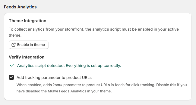 Where to verify that feed analytics work in the Mulwi app settings