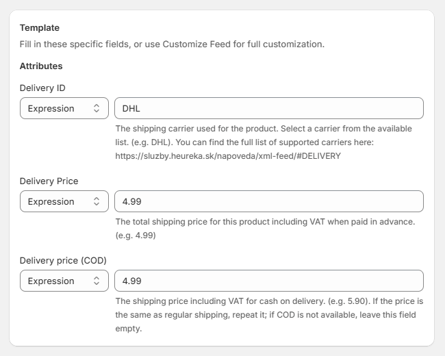 How to fill out required attributes in Heureka feed
