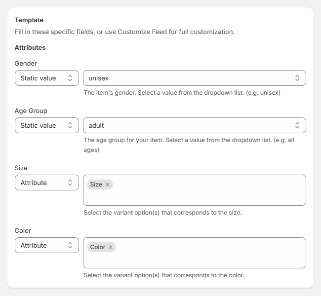 How to fill out required attributes in Instagram feed