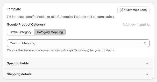 How to add categoty mapping in Pinterest feed