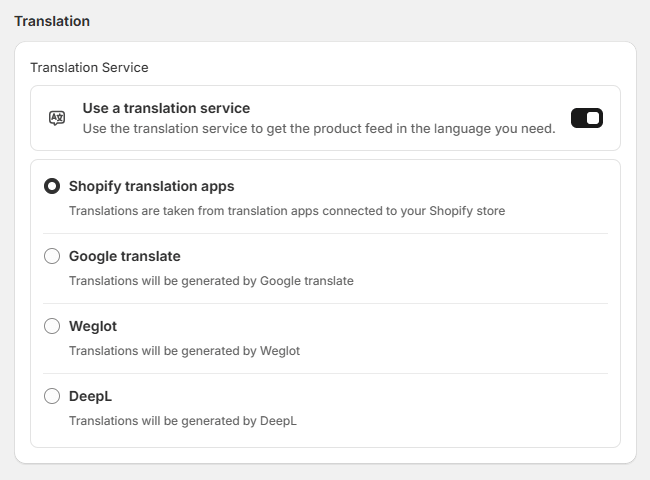 Where to configure feed translation service in the Mulwi app settings
