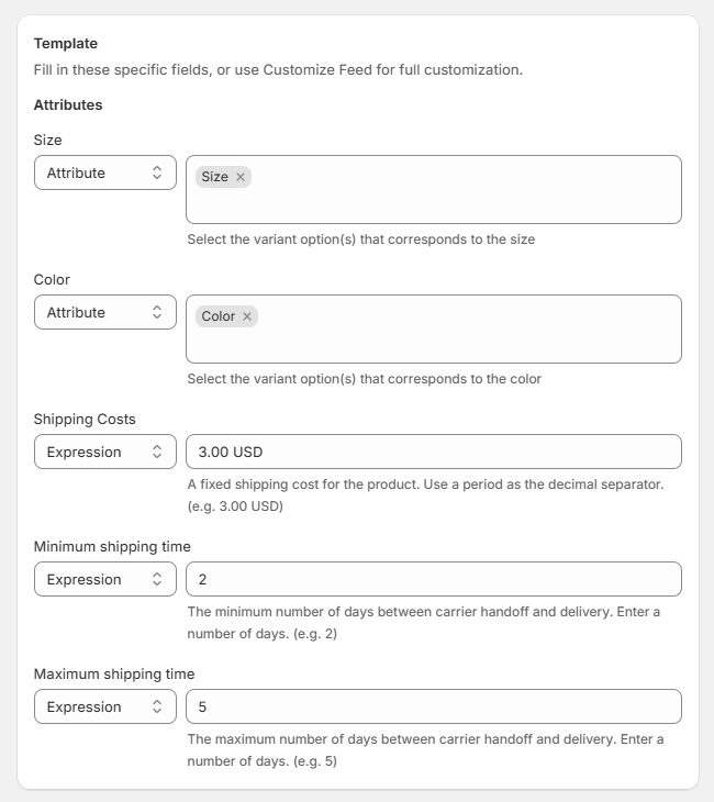 How to fill out required attributes in Webgains feed