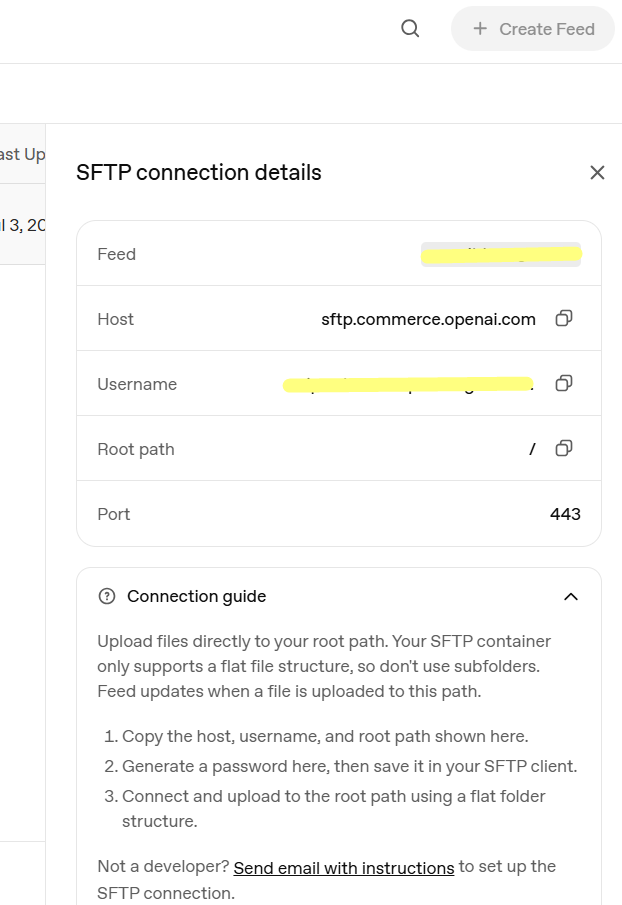 SFTP connection details and connection guide in ChatGPT Ads Manager