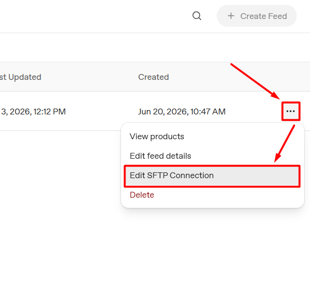 Opening Edit SFTP Connection from the feed row menu in ChatGPT Ads Manager