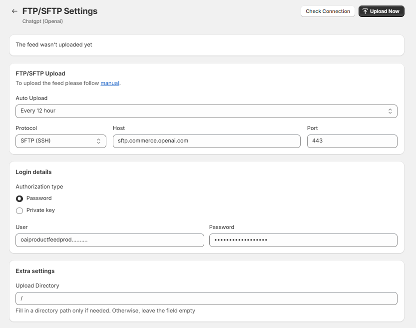 Filling out the FTP/SFTP Upload section with ChatGPT Ads Manager connection details in Mulwi
