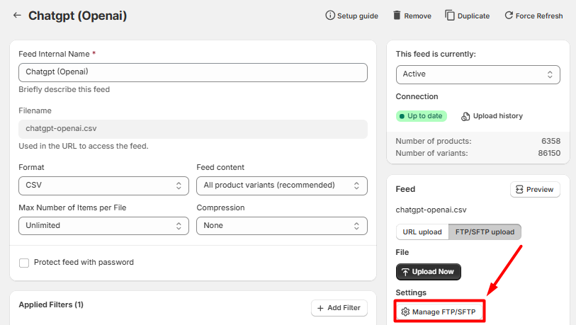 Choosing FTP/SFTP Upload and clicking Manage FTP/SFTP for a ChatGPT (OpenAI) feed in Mulwi